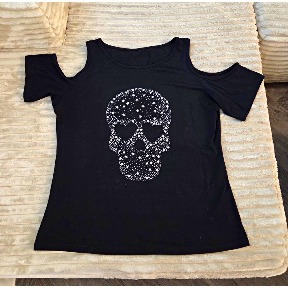 Y2K Rhinestone Womens Black Cold Shoulder Skull Graphic Short Sleeve T-Shirt XL